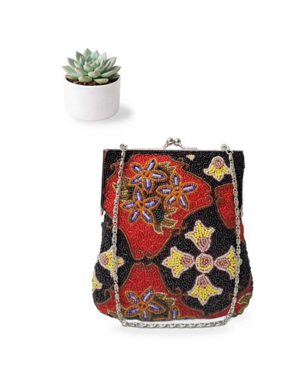 Hand Beaded Evening Bag Red Black Yellow Floral Kiss Lock Chain Clutch Purse